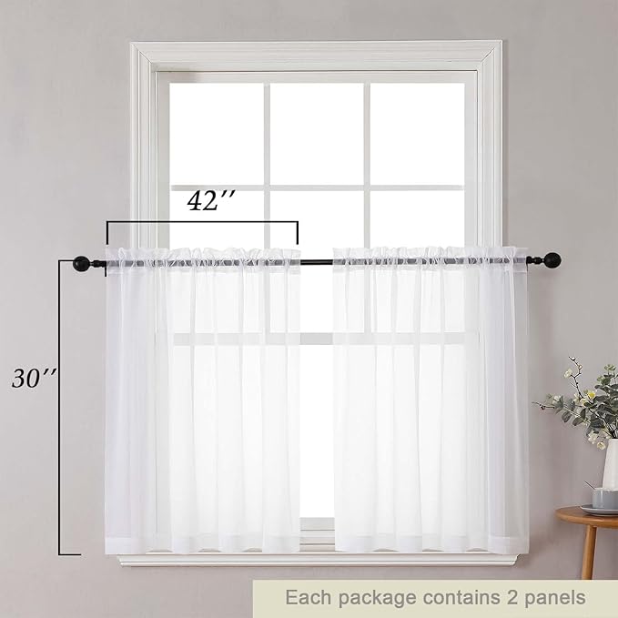 White Kitchen Curtains 30 Inch Length Tier 2 PCS, Solid Soft Airy Half Curtains for Windows, Sheer Rod Pocket Drapes for Bathroom Basement Small Window, White, 42" Wx30 L Inches