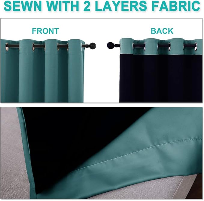 NICETOWN Sea Teal Full Shade Curtain Panels, 37" Wide x 80" Long, Sea Teal, Pair of Thermal Insulated & Energy Efficiency Blackout Drapes for Living Room, Lined Silky Performance Window Dressing