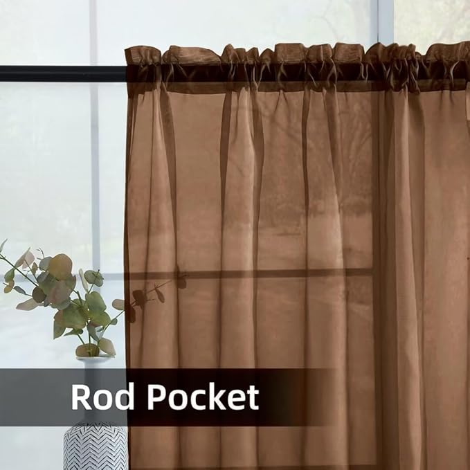 youleyar Solid Sheer Rod Pocket Curtain Voile Draperies 2 Panels White Beige Black Grey Coffee 52 Inch Width 90 Inch Long 1 Pair for Kitchen Bedroom Children Living Room Yard (Brown,52Wｘ90L)