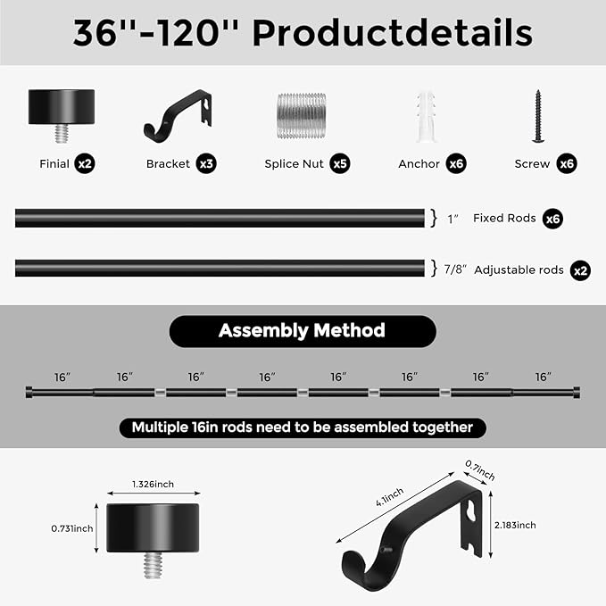 VOIIY Curtain Rods for Windows 66 to 120 Inch(5.5-10 Feet),Black 1'' Diameter Drapery Rods with End Cap Style Design,Modern Adjustable Heavy Duty Curtain Rod,Size:36''-120''