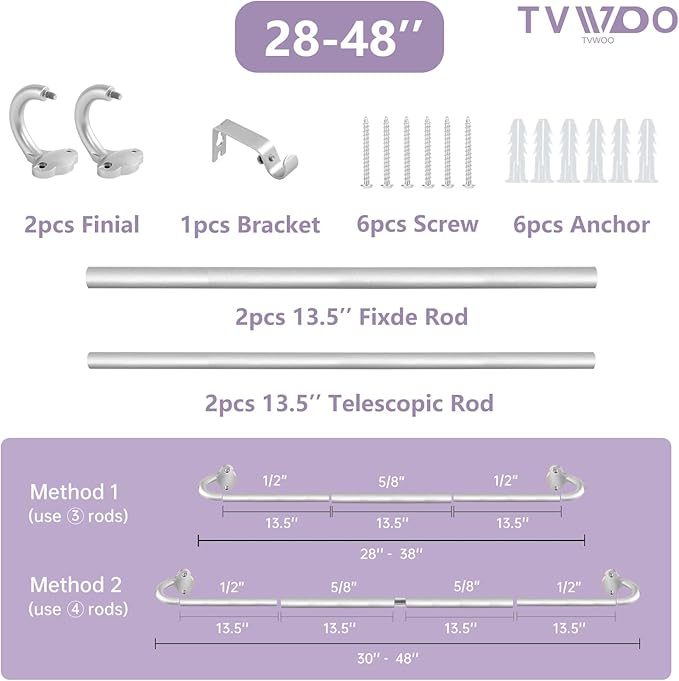 TVWOO Silver Wrap Around Curtain Rods:5/8 Inch Blackout Adjustable Window Curtain Rod for Bedroom Kitchen Apartment Renter Friendly,Room Darkening Curved Drapery Rods Easy Install,Antique Brown 28-48"