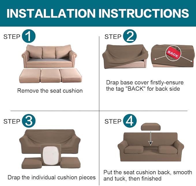 Turquoize 4 Piece Sofa Covers for 3 Cushion Couch Sofa Slipcover Soft Couch Cover for Dogs-Washable Sofa Furniture Cover with 3 Individual Cushion Covers (3 Cushion Sofa, Olive)