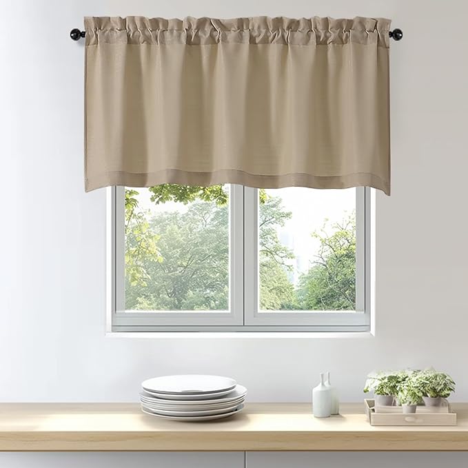 OWENIE Bob 1 PCS Camel Valances for Windows, Faux Linen Textured Kitchen Window Curtains Valance for Bedroom Living Room, Modern Soft Airy Solid Rod Pocket Bathroom Cafe Curtain, 60Wx24L Inch