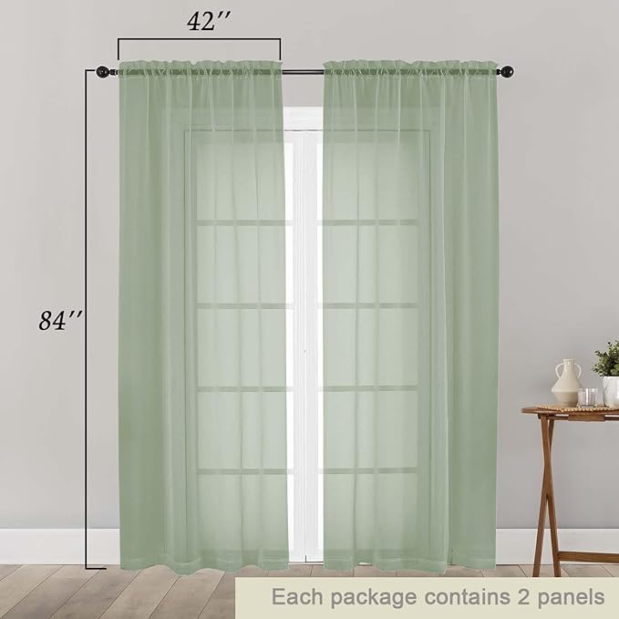 Sage Green Sheer Curtains 84 Inches Long 2 Panels, Soft Light Filtering Curtains for Bedroom Living Room, Modern Rod Pocket Privacy Drapes Window Treatments, Sage Green, Total Wide 84 Inch