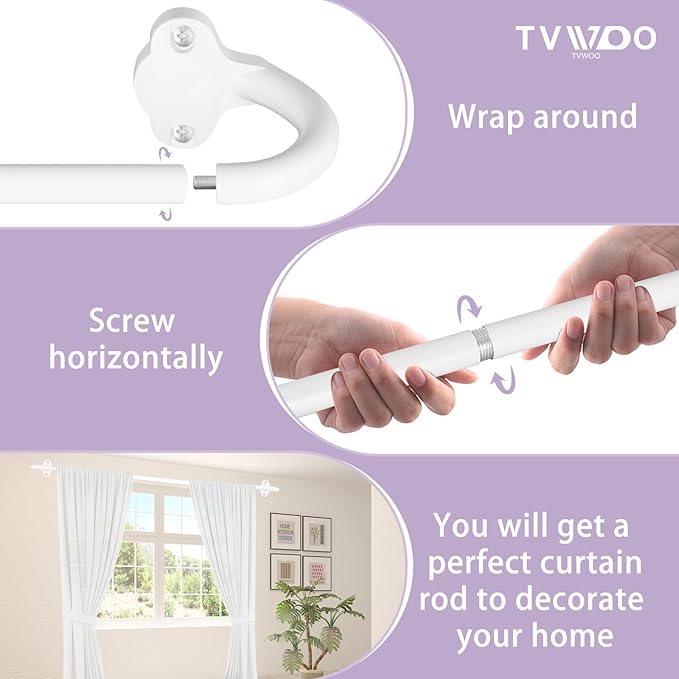 TVWOO 2 Pack Wrap Around Curtain Rods,White Curtain Rods 28 to 48 Inch,5/8 Inch Adjustable Blackout Curtain Rod Set with Bracket,Room Darkening Window Rod,Metal Hidden Curved Drapery Rods 28-48",White