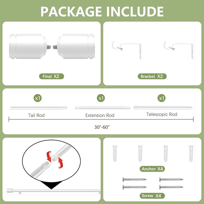 5/8” Diameter Curtain Rods 30-60 Inch, for 30-54 Inch Windows, Adjustable Splicing White Curtain Rods for Windows with Brackets, Window Rod Long Small Curtains Rod