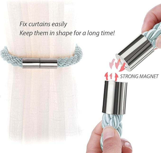 NICEEC 2 Pack Strong Magnetic Curtain Tiebacks Modern Simple Style Drape Tie Backs Convenient Decorative Weave Rope Curtain Holdbacks for Thin or Thick Home & Office Window Draperies (Blue-Grey)