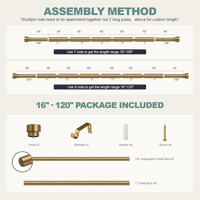 Lootkell Warm Gold Curtain Rods for Windows 66 to 120 Adjustable Length Heavy Duty 1" Diameter Brass Window Curtain Rod with Solid Metal Finials for Outdoor Farmhouse Bedroom Kitchen Living Room