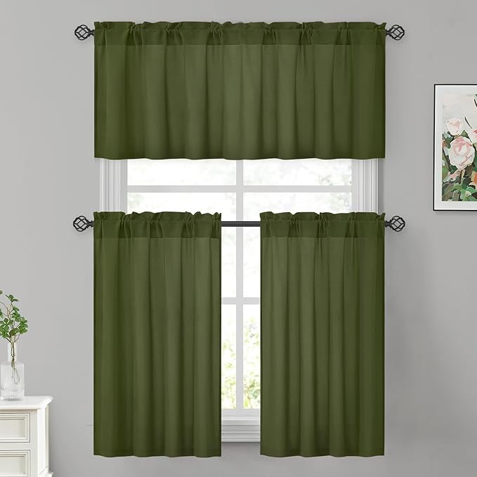 HOMEIDEAS Non-See-Through Olive Green Privacy Sheer Kitchen Curtains, 30 X 24 Inches Long 2 Panels Sheer Curtains Light Filtering Window Drapes for Bedroom Living Room