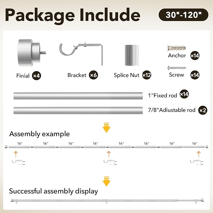IFELS Heavy Duty Curtain Rods for Windows 66 to 120 Inch, 1 Inch Silver Curtain Rods Set of 2 Pack for Outdoor Patio, Farmhouse, Bedroom, Adjustable Easy Install Modern Drapery Rod (Silver,30-120-2p)