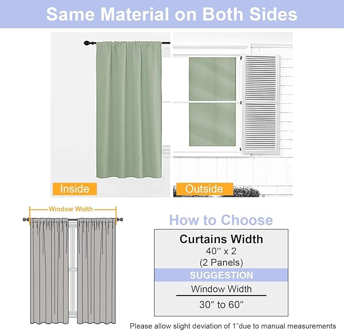 Simplebrand Ava Light Green Short Blackout Curtains for Bedroom 45 Inches Long 2 Panels Set, Solid Thermal Insulated, Energy Saving Window Treatment Curtains Blackout Drapes, W40 x L45 Inch