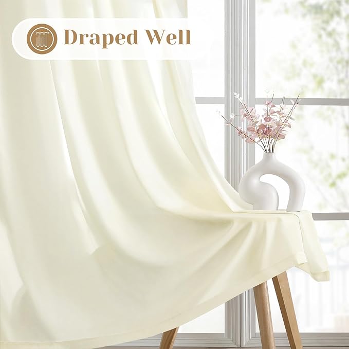 HOMEIDEAS Non-See-Through Cream Yellow Privacy Sheer Curtains, 52 X 54 Inches Long 2 Panels Light Yellow Sheer Curtains Light Filtering Window Drapes for Bedroom Living Room