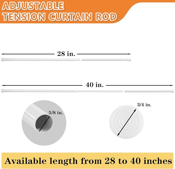 KXLife 2 Pcs Spring Tension Curtain Rod Adjustable 28 to 40 Inches, 5/8" Diameter, White, Expandable Spring Loaded Tension Rods For Window No Drilling