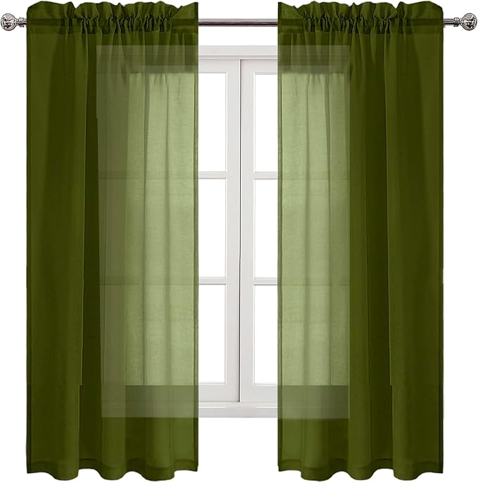 DWCN Olive Green Sheer Curtains Semi Transparent Voile Rod Pocket Curtains for Bedroom and Living Room, 42 x 72 inches Long, Set of 2 Panels