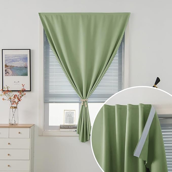 Magic Tape Blackout Curtains for Bedroom No Drillng Self Adhesive Curtains No Rod Small Window, 47" W X 71" L, Sage Green, 1 Panel