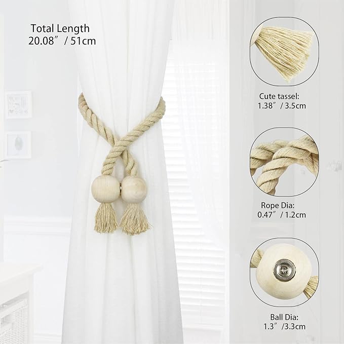 4 Pack Magnetic Curtain Tiebacks Cotton Hand Woven Tie Back Decorative Rope Holdbacks for Curtains Draperies No Tools Required, Dark Beige