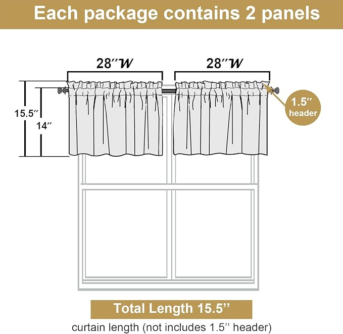 Lecloud Leia Ivory Sheer Valances for Windows 14 Inch Length 2 Pcs, Jacquard Leaf Textured Cafe Kitchen Short Curtains with Dual Rod Pockets, Small Curtain for Living Room Bedroom, 28" W x 14" L