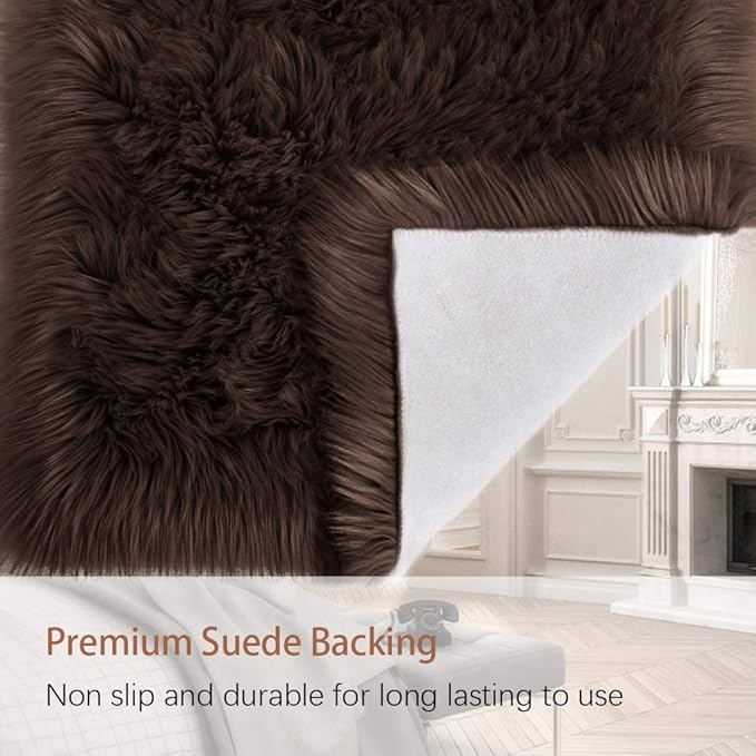LOCHAS Soft Fluffy Faux Fur Rugs for Bedroom Bedside Rug 3x5 Feet, Washable, Furry Sheepskin Area Rug for Living Room Girls Room, Luxury Shag Carpet Home Decor, Brown