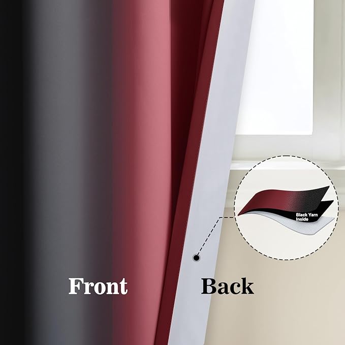 Yakamok Blackout Ombre Burgundy and Black Curtains for Bedroom, Gradient Room Darkening Curtains, Grommet Thermal Insulated Light Blocking Window Drapes/Curtain for Living Room,52 x 54 Inch,2 Panels