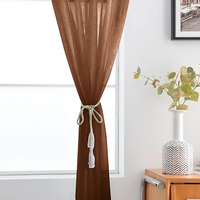 SpaceDresser Brown Sheer Curtains 4 Panels Rod Pocket Semi-Sheer Curtain 54 Inches Long Light Filtering Voile Window Drapes for Bedroom Living Room Kitchen, Each 52W x54L