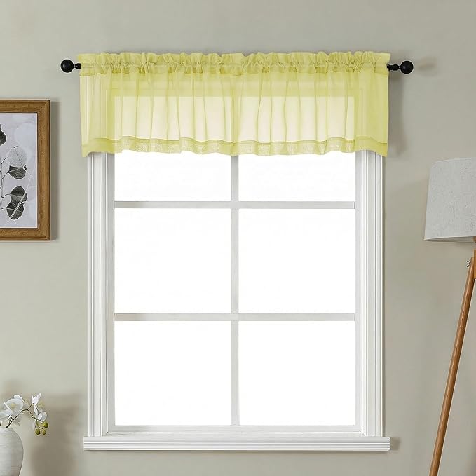 Gwine Small Valances for Windows - Light Filtering Short Window Curtain Valance, Soft Topper Treatment Sheer Curtain for Bathroom Laundry Basement, Each 42Wx14L inch, 2 Panels, Lemon