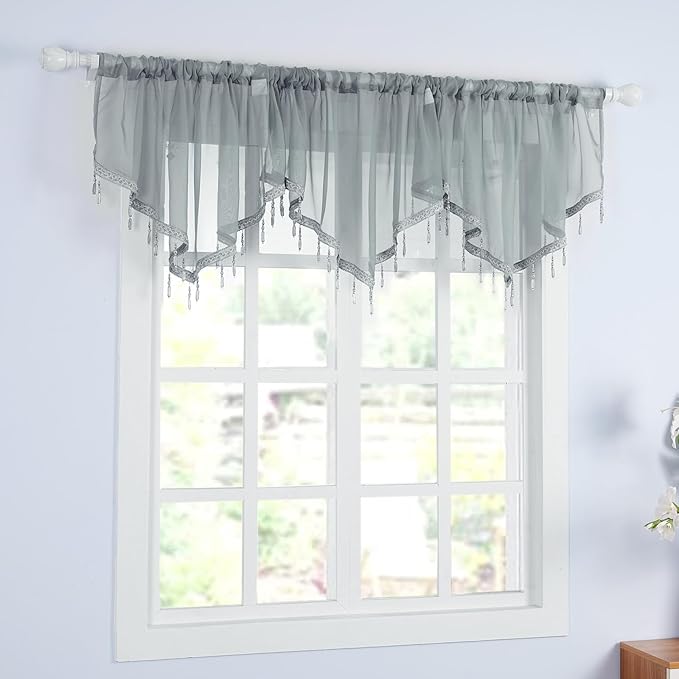 Molaxhome Swag Curtain 51 inch Length Rod Pocket Scalloped Curtain Valance Sheer Lace Panels with Hanging Crystal Beads for Kitchen Bedroom Window Treatments Drape Decor 1pc (Grey, 51Wx23L)