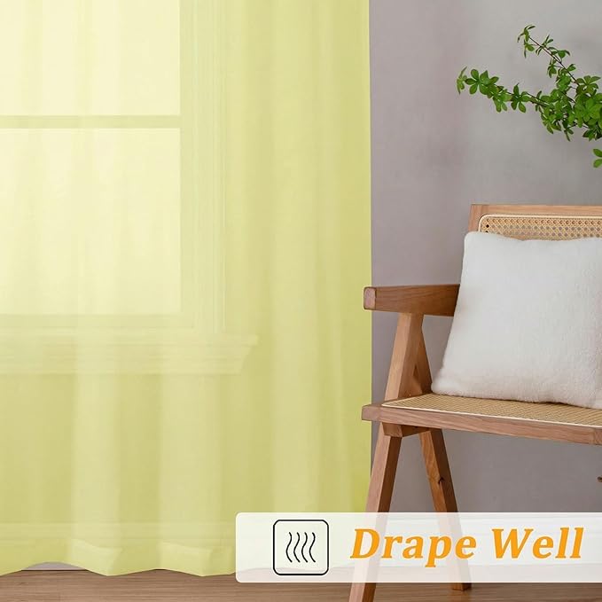 Gwine Extra Long Sheer Curtains 108 Inches Long - Light Filtering Rod Pocket Window Curtain Panels for Bedroom, Elegant Soft Voile Living Room Sheer Drapes, Each 42Wx108L, 9FT, 2 Panels, Lemon