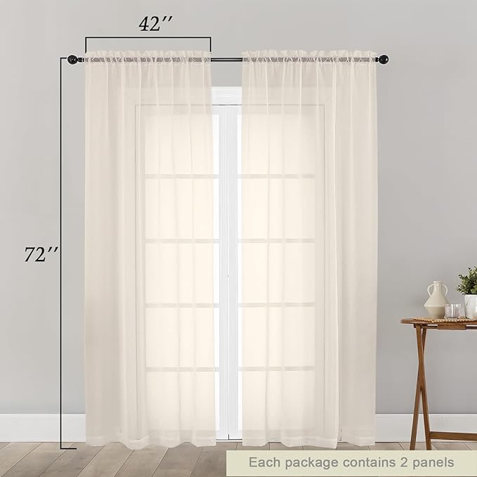 Cream Sheer Curtain for Bedroom Living Room 72 Inches Long 2 Panels Set, Solid Soft Airy Light Filtering Sheer Window Curtains, Modern Rod Pocket Door Curtain, Cream, 42" Wx72 L Inches