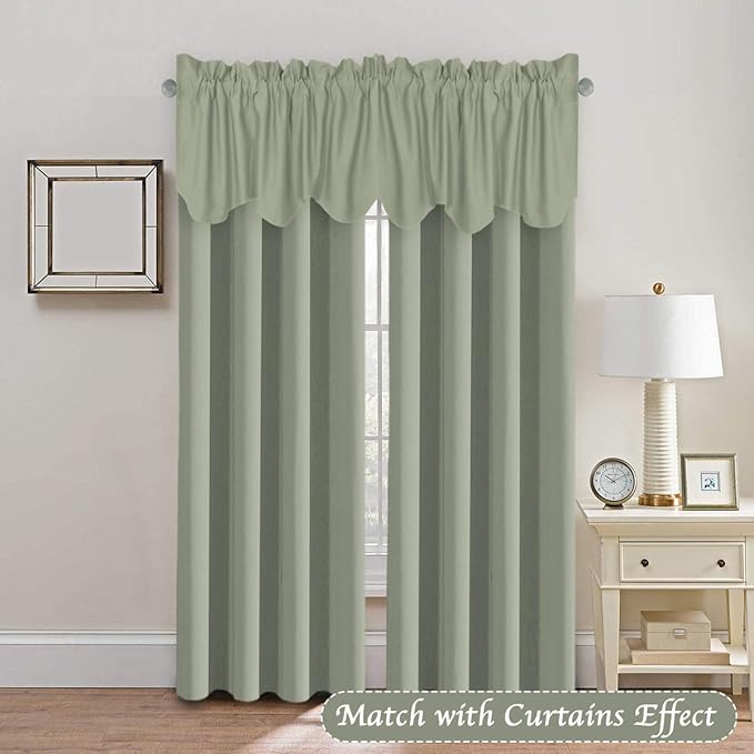 H.VERSAILTEX 2 Panels Blackout Curtain Valances for Kitchen Windows/Living Room/Bathroom Privacy Protection Rod Pocket Decoration Scalloped Window Valance Curtains, 52" W x 18" L, Light Sage