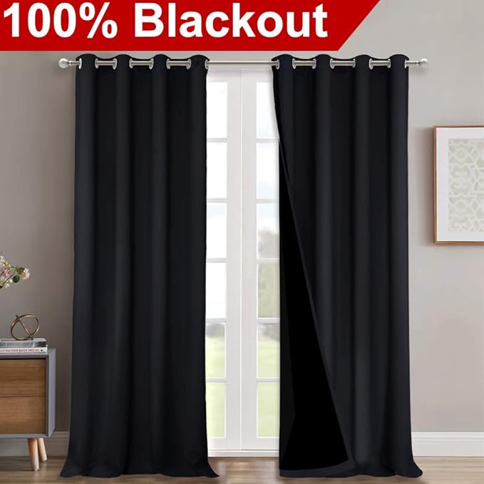 NICETOWN Full Shading Curtains 90 inches Long 2 Panels Set for Windows, Super Heavy-Duty Black Lined Blackout Curtains for Bedroom, Privacy Assured Window Treatment (Black, 52 inches W)
