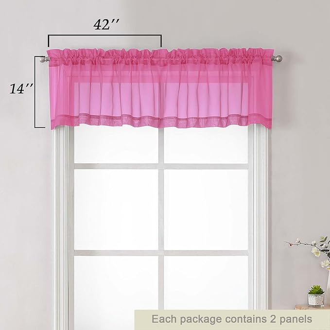 Hot Pink Valances for Windows, Hot Pink Sheer Curtains 14 Inch Length 2 Pack Kitchen Drapes, Modern Solid Mini Small Window Curtains for Cafe Bathroom Basement, 42" Wx14 L Inches