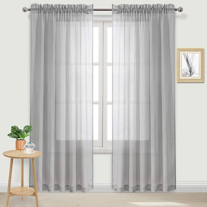 DWCN Grey Sheer Curtains Semi Transparent Voile Rod Pocket Curtains for Bedroom and Living Room, 60 x 84 inches Long, Set of 2 Panels