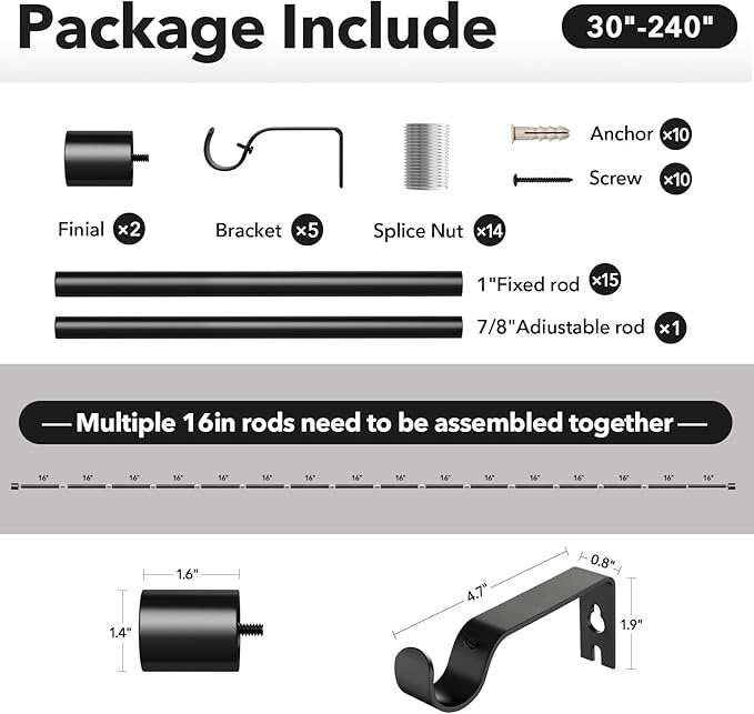 Extra Long Curtain Rods for Windows 32 to 240 Inch, 1 Inch Black Heavy Duty Curtain Rods for Patio, Farmhouse, Bedroom, Living Room, Adjustable Metal Drapery Rod (A2,Black,32"-240")