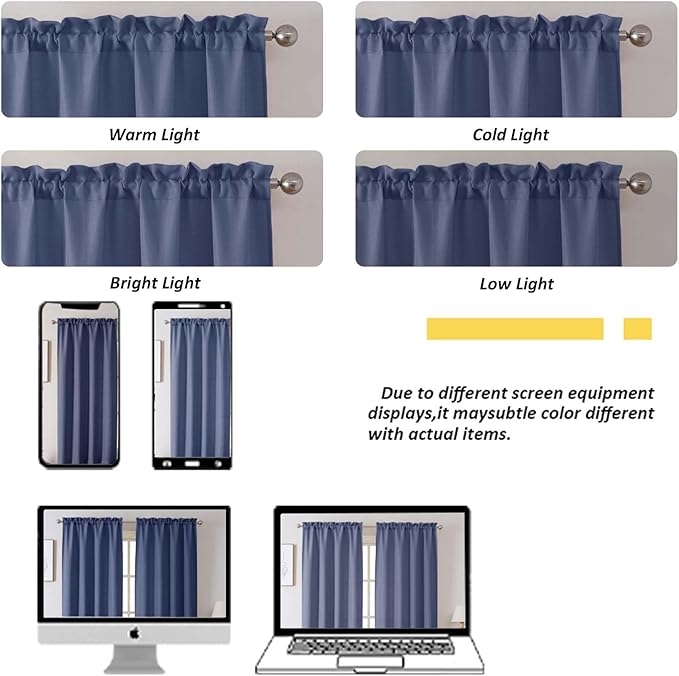 Chyhomenyc Blue Short Curtain Valance for Windows, Faux Linen Textured Half Window Curtains, Burlap Solid Topper Small Curtain for Bathroom Laundry Basement Valance, 60Wx16L Inch, 1 Piece