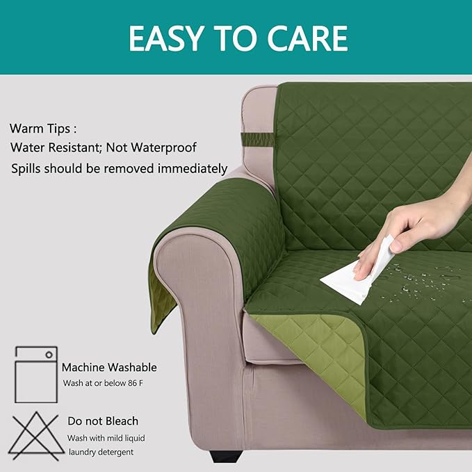 U-NICE HOME Loveseat Sofa Cover Reversible Couch Cover for Dogs with Elastic Straps Water Resistant Furniture Protector for Pets Couch Cover for 2 Cushion Couch (Loveseat, Huntergreen/Sage)