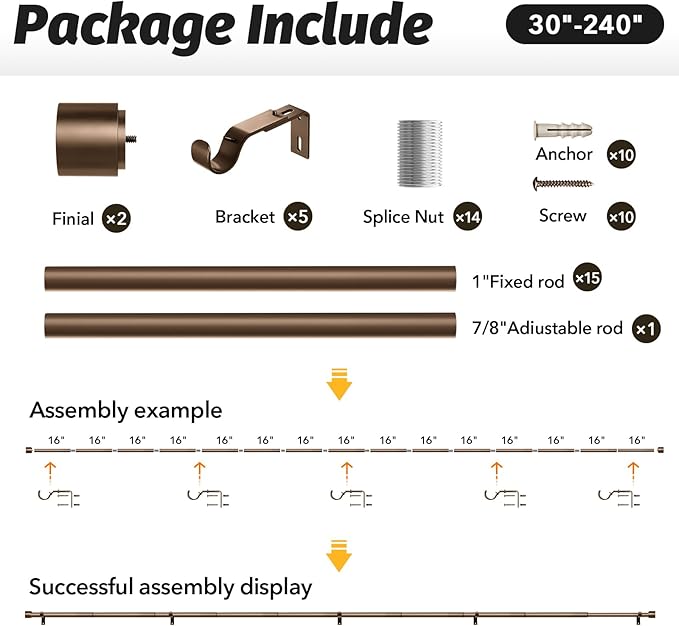 GEEBOBO Bronze Curtain Rods for Windows 120 to 240 Inch, 1 Inch Extra Long Heavy Duty Easy Install Adjustable Curtain Rods Set for Outdoor, Farmhouse, Bedroom, Living Room (Bronze, 30"-240")