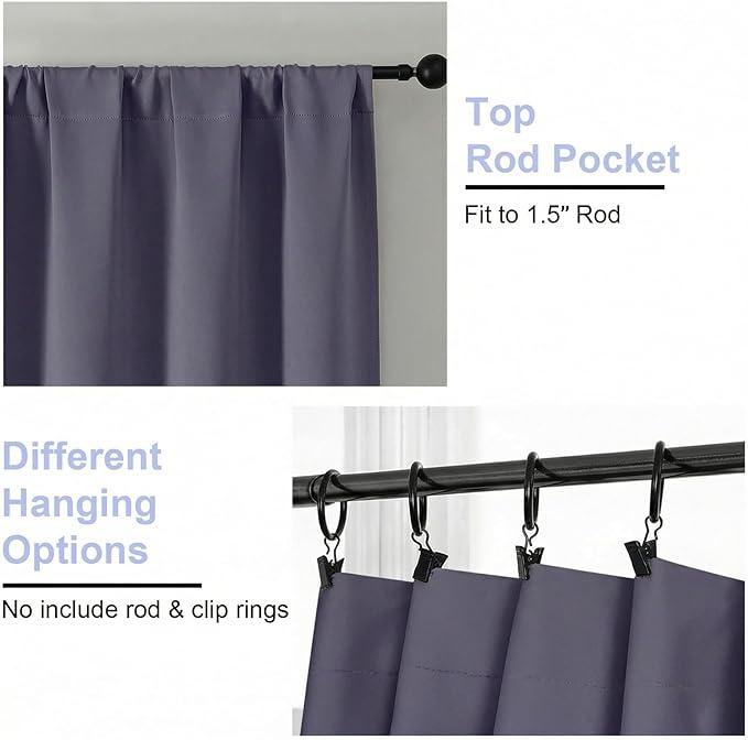 Simplebrand Ava Greyish Purple Blackout Curtains for Bedroom 63 Inch Length 2 Panels Set, Privacy Thermal Insulated Rod Pocket Door Window Curtains for Patio French Door Front Door, W40 x L63 Inch