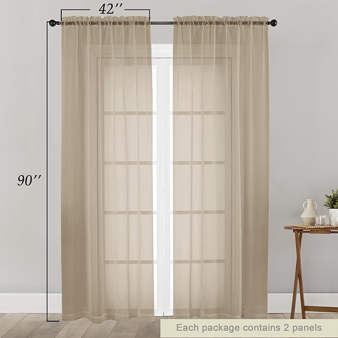 Sheer Taupe Curtains for Bedroom Living Room 90 Inches Long 2 Panels Set, Soft Airy Light Filtering Sheer Window Treatments, Modern Rod Pocket Curtains Drapes, Each 42" Wx90 L Inch