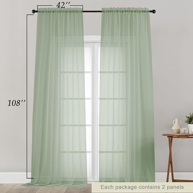 Extra Long Sheer Sage Green Curtains for Bedroom Living Room 108 Inches Long 2 Panels Set, Solid Soft Light Filtering Rod Pocket Sheer Window Curtains, Sage Green, Each 42" Wx108 L Inch