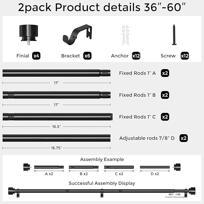 2 Pack Curtain Rods for Windows 30 to 56 Inch, Black Modern 1 Inch Window Treatment Rods with Black End Cap Finials, Decorative Adjustable Heavy Duty Easy Install Drapery Rods for Bedroom