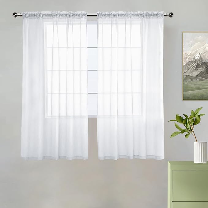 youleyar Solid Sheer Rod Pocket Curtain Voile Draperies 2 Panels White Beige Black Grey Coffee 38 Inch Width 54 Inch Long 1 Pair for Kitchen Bedroom Children Living Room Yard(White,38Wｘ54L)