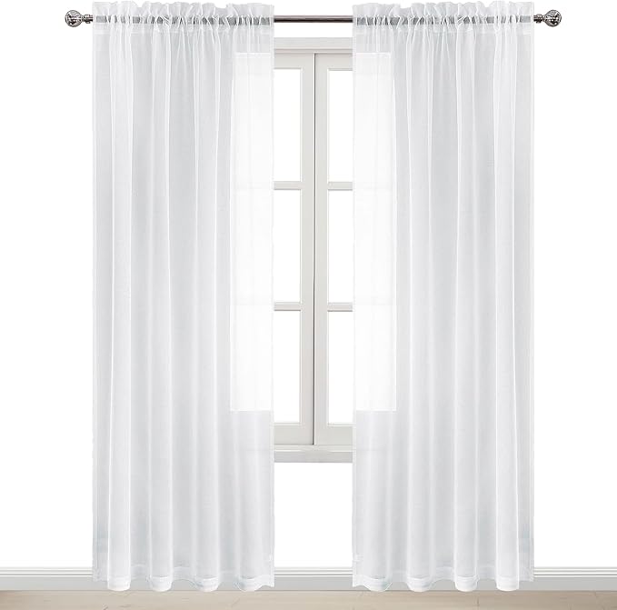 DWCN White Sheer Curtains 102 inches Long, Elegant Living Room Voile Window Curtain Panels, Rod Pocket Solid Color Window Treatments for Patio/Sliding Door/Wedding, 2pcs, Each W52 x L102