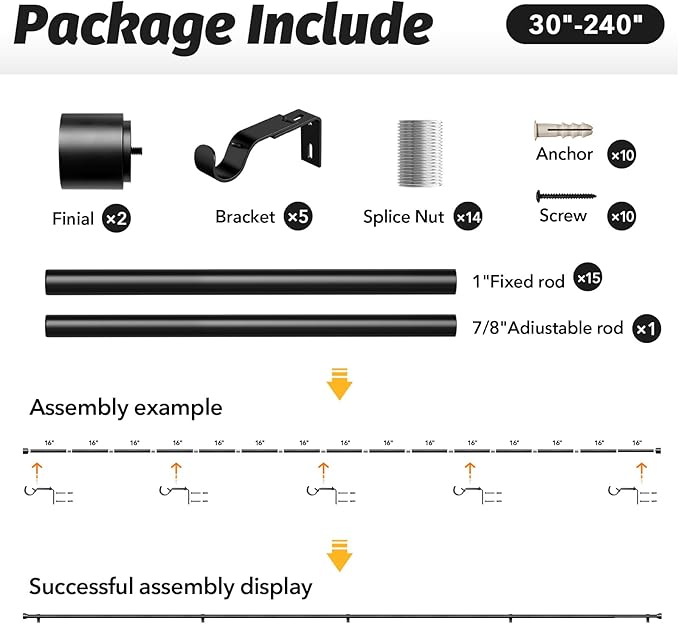GEEBOBO Black Curtain Rods for Windows 120 to 240 Inch, 1 Inch Extra Long Heavy Duty Easy Install Adjustable Curtain Rods Set for Outdoor, Farmhouse, Bedroom, Living Room (Black, 30"-240")