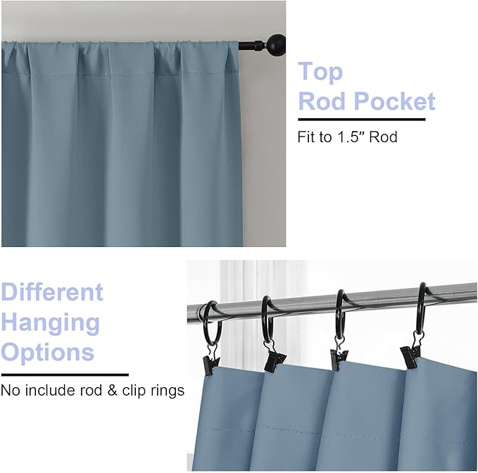 Simplebrand Ava Stone Blue Blackout Curtains for Bedroom 63 Inch Length 2 Panels Set, Solid Thermal Insulated Privacy Living Room Window Treatment Curtains Blackout Drapes, W50 x L63 Inch