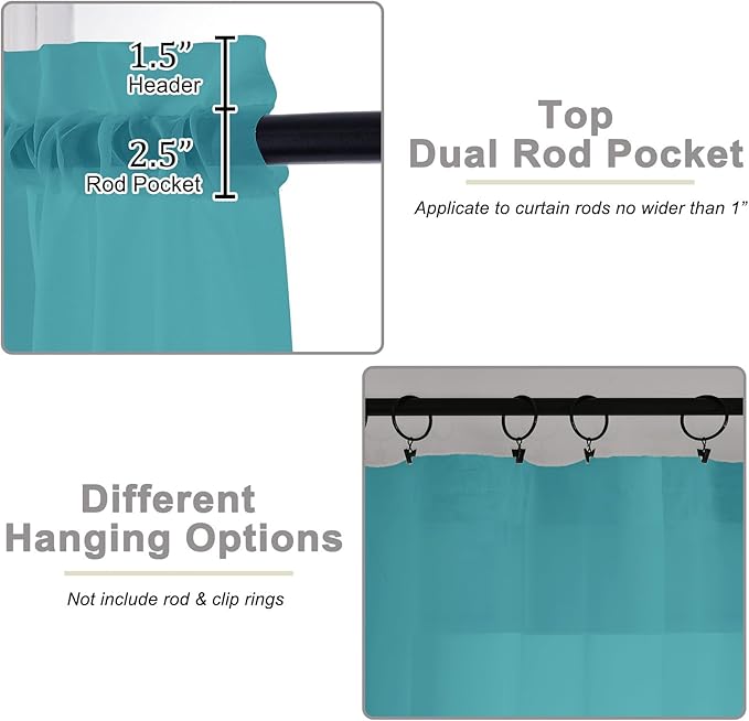 Turquoise Kitchen Curtains 30 Inch Length Tier 2 PCS, Solid Soft Half Curtains for Windows, Turquoise Sheer Rod Pocket Drapes for Bathroom Basement Small Window, 42" Wx30 L Inch