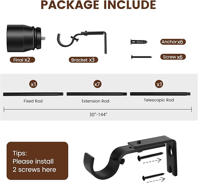 1” Diameter Curtain Rods Itself is 30 to144 inch 1 Pack Fit 30-142 inch, 66 to 120 inch Window with Heavy Duty Adjustable Rod Matte Black Splicing Metal Extra Long Curtain Rod for Windows