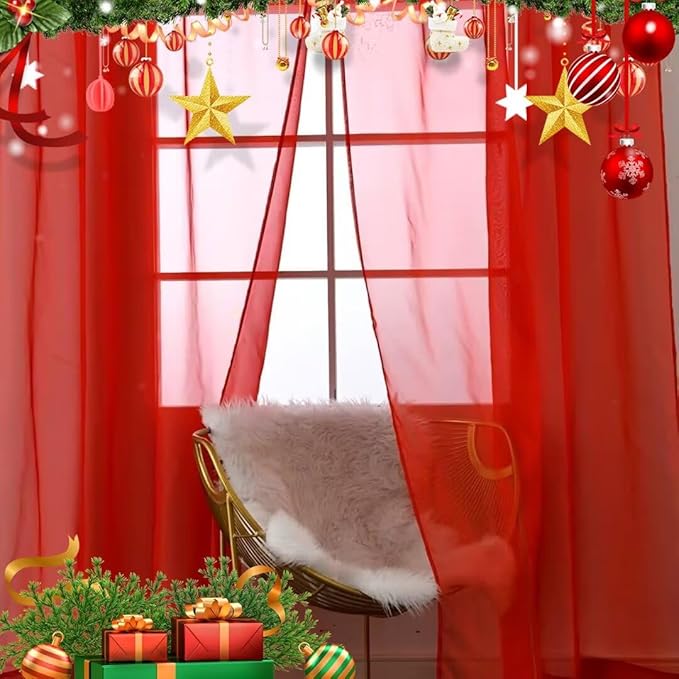 SpaceDresser Sheer Voile Window Treatment Rod Pocket Curtain Panels for Kitchen Bedroom Living Room Drapes Sunlight Filtering Privacy Semi Home Decor Assorted (Red, 52 W x 72 L)