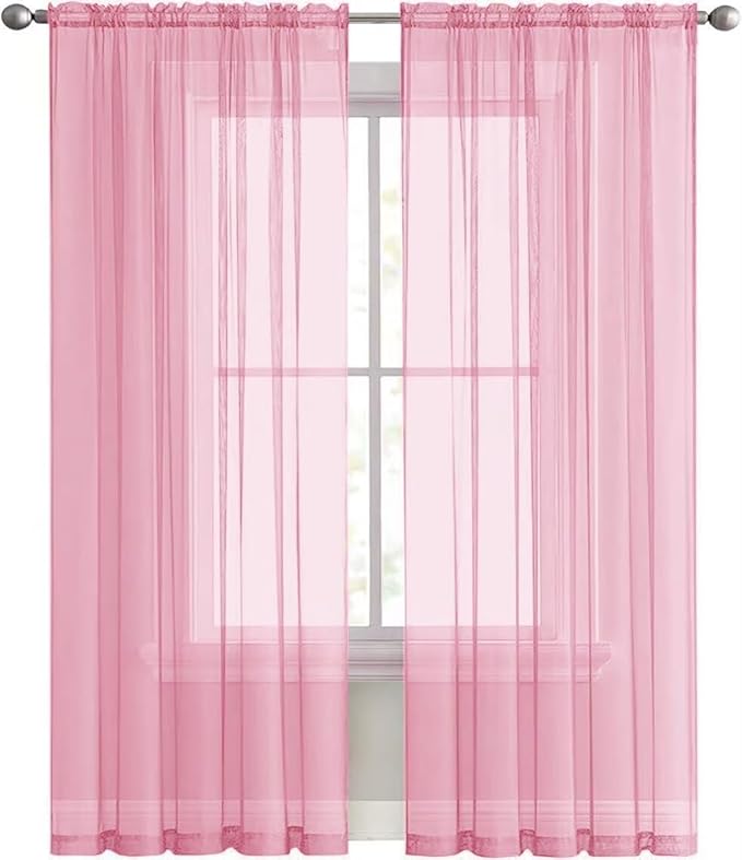 SpaceDresser Sheer Voile Window Treatment Rod Pocket Curtain Panels for Kitchen Bedroom Living Room Drapes Sunlight Filtering Privacy Semi Home Decor Assorted (Light Pink, 52 W x 90 L)