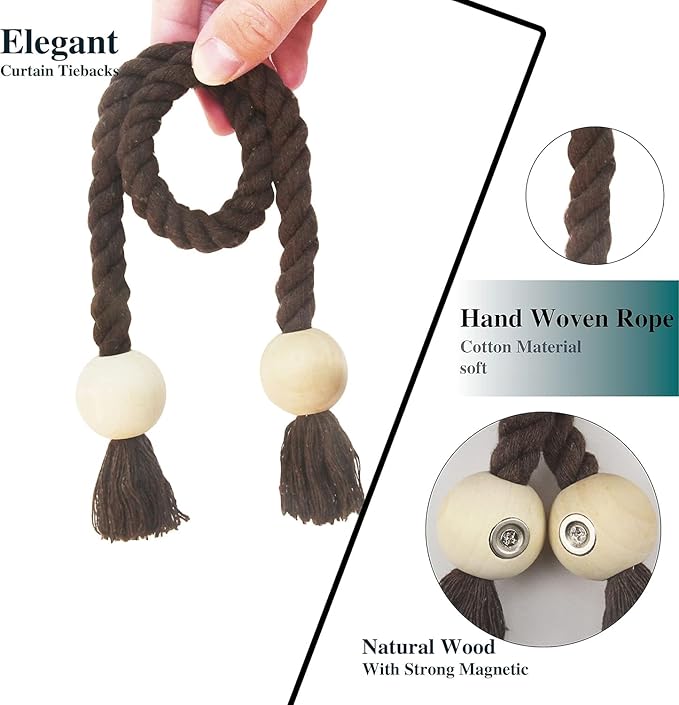 4 Pack Magnetic Curtain Tiebacks Cotton Hand Woven Tie Back Decorative Rope Holdbacks for Curtains Draperies No Tools Required, Coffee