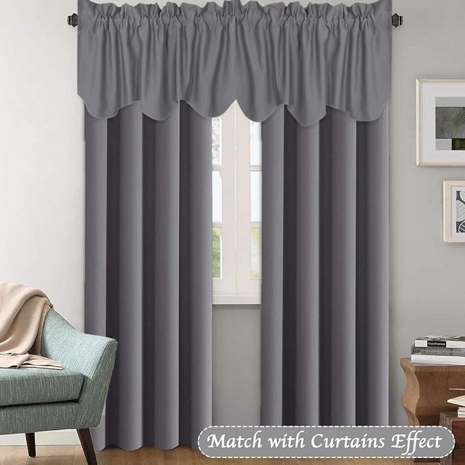 H.VERSAILTEX 4 Panels Blackout Curtain Valances for Kitchen Windows/Living Room/Bathroom Privacy Protection Rod Pocket Decoration Scalloped Window Valance Curtains, 52" W x 18" L, Bluish Gray